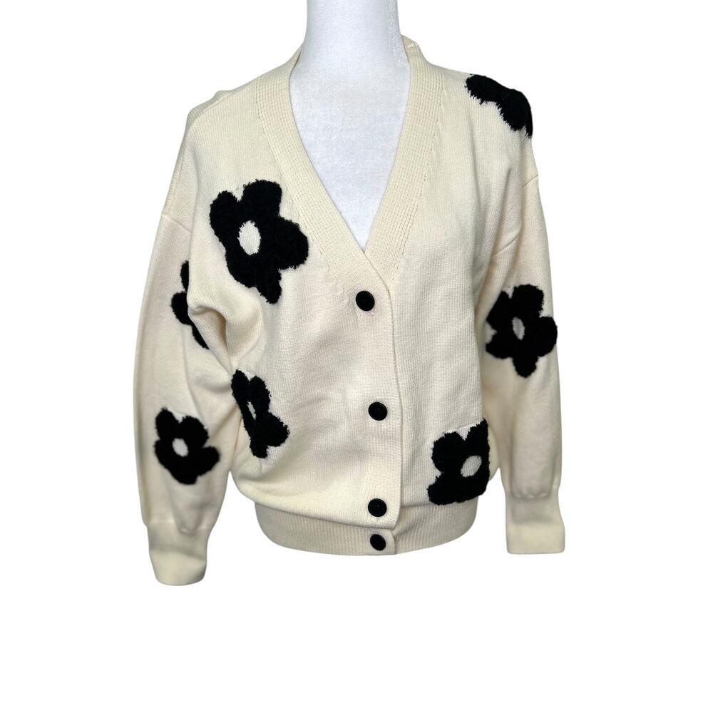 Cider Cream Black Puffy Flowers V-Neck Button Down Oversized Cardigan